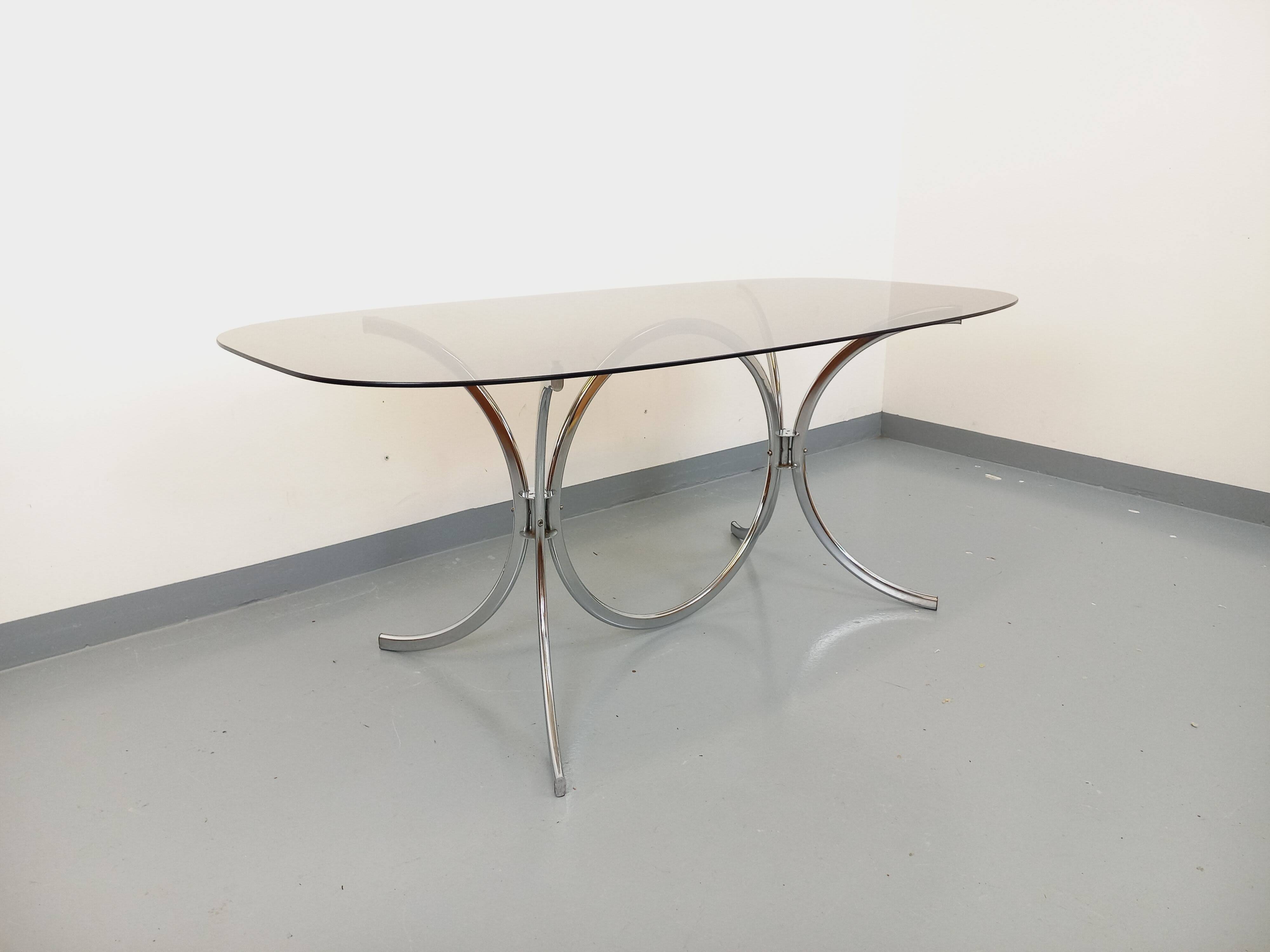 Vintage rectangular rounded dining table in smoked glass and chrome metal
