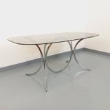Vintage rectangular rounded dining table in smoked glass and chrome metal