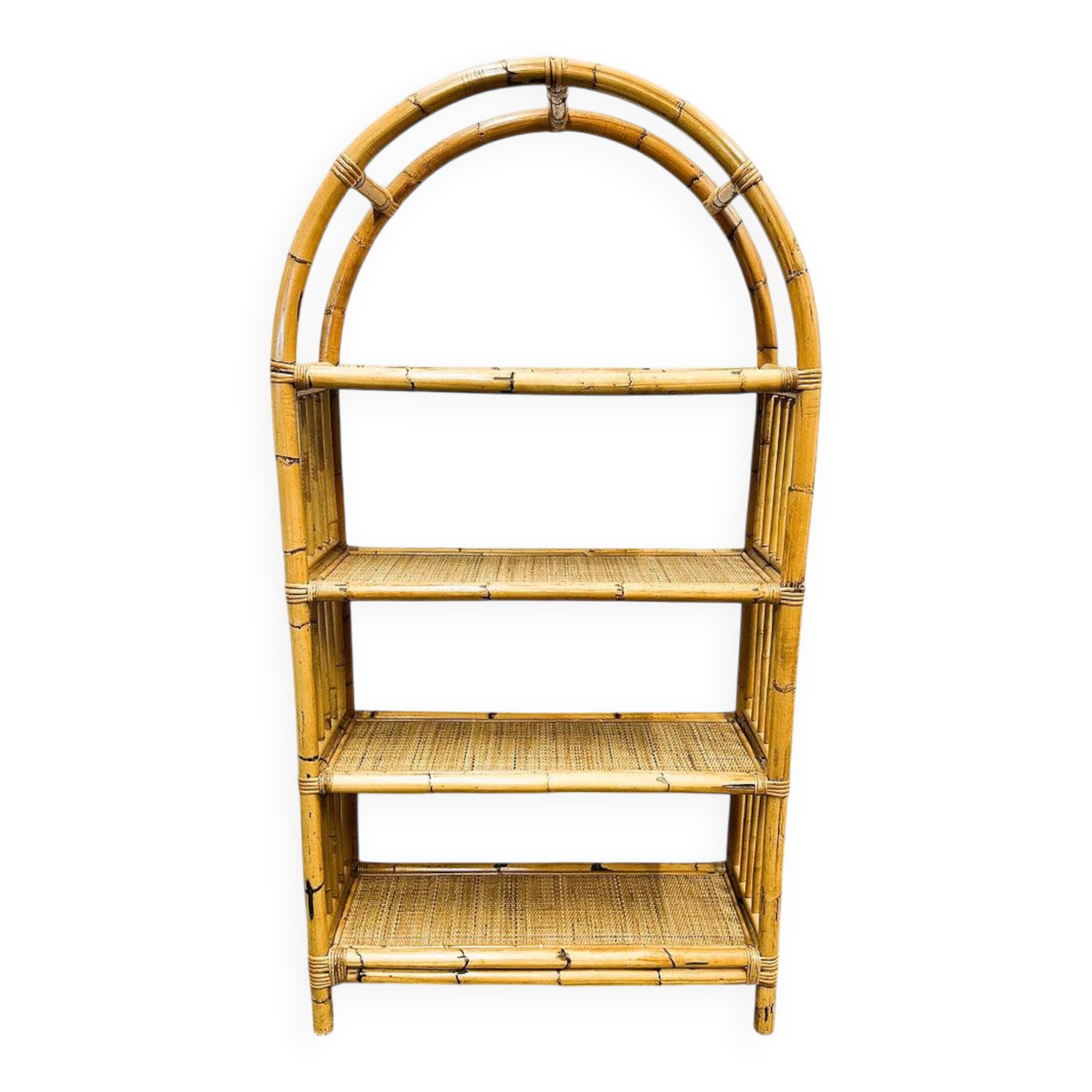 Boho chic arched bamboo shelves 1970s MCM Italian Dal Vera freestanding bookcase
