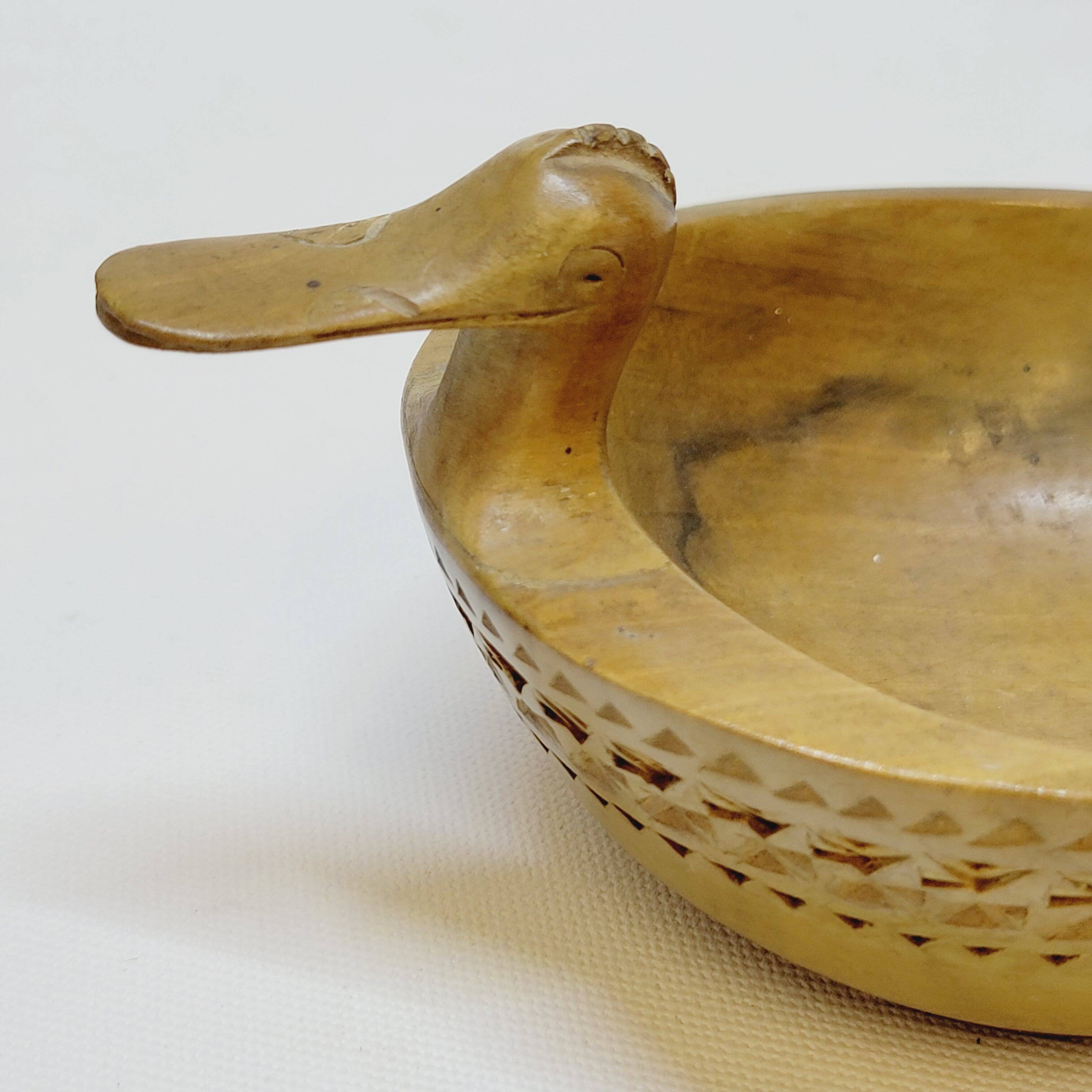 Scandinavian Duck Shaped Carved Wooden Bowl Folk Art