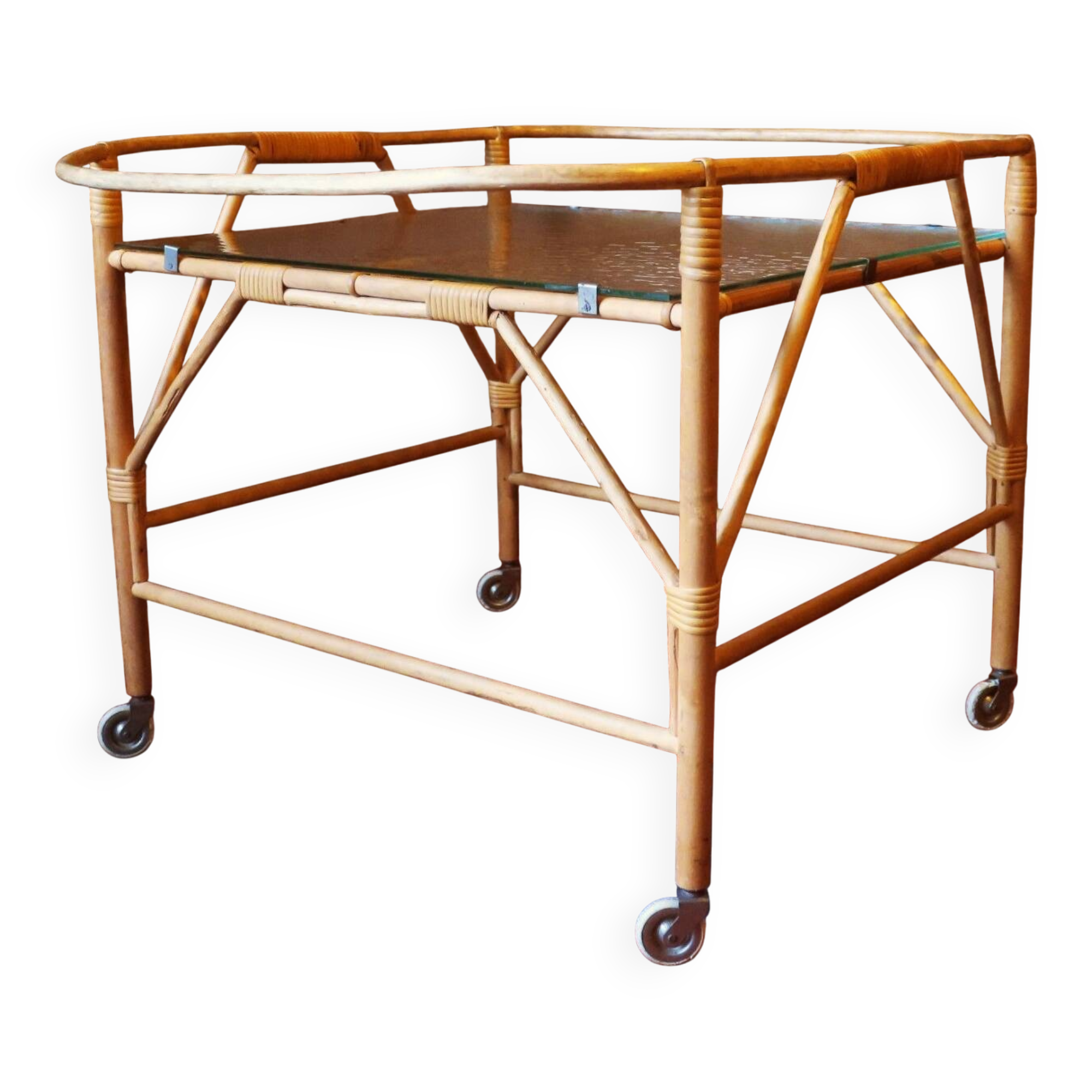 Bamboo and frosted glass fine serving trolley, 1960s