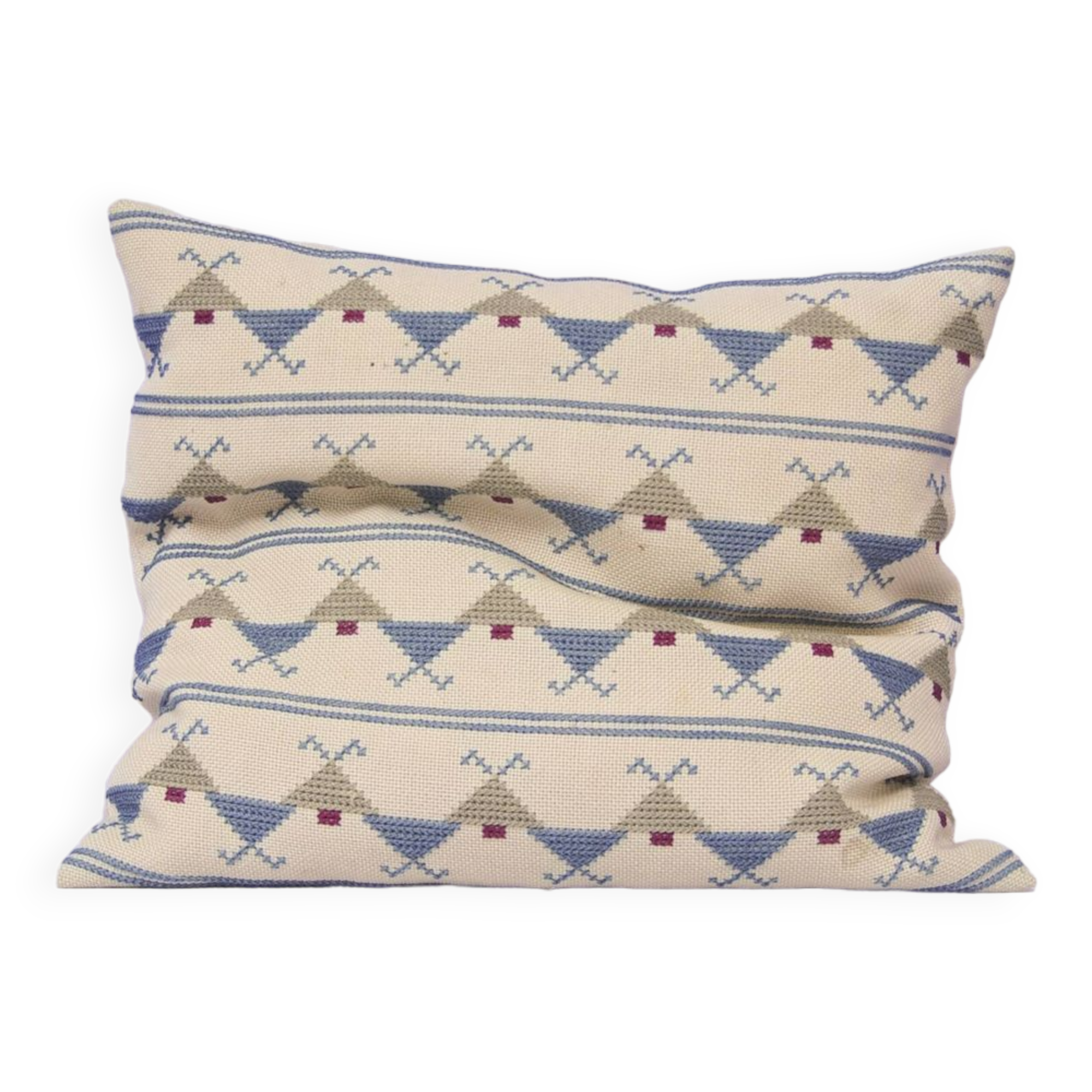 Coussin vintage beige brodé motif bleu