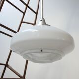 French Holophane Two Tone Glass Opaline Mid-Century Pendants (3)