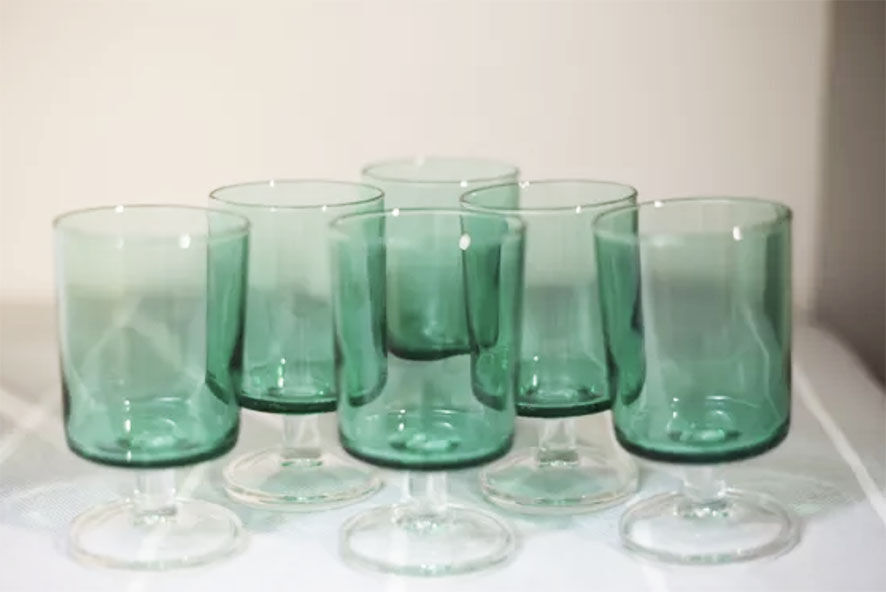 6 Old Luminarc Foot Glasses Light Green H10 cm