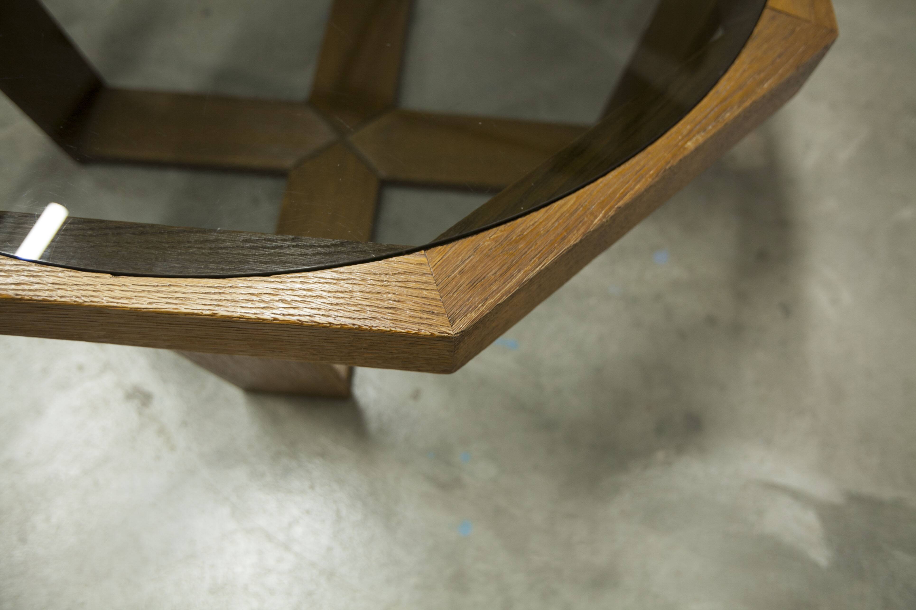 Unique hexagonal table 1977, smoked glass and oak, Swiss made.