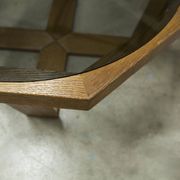 Unique hexagonal table 1977, smoked glass and oak, Swiss made.