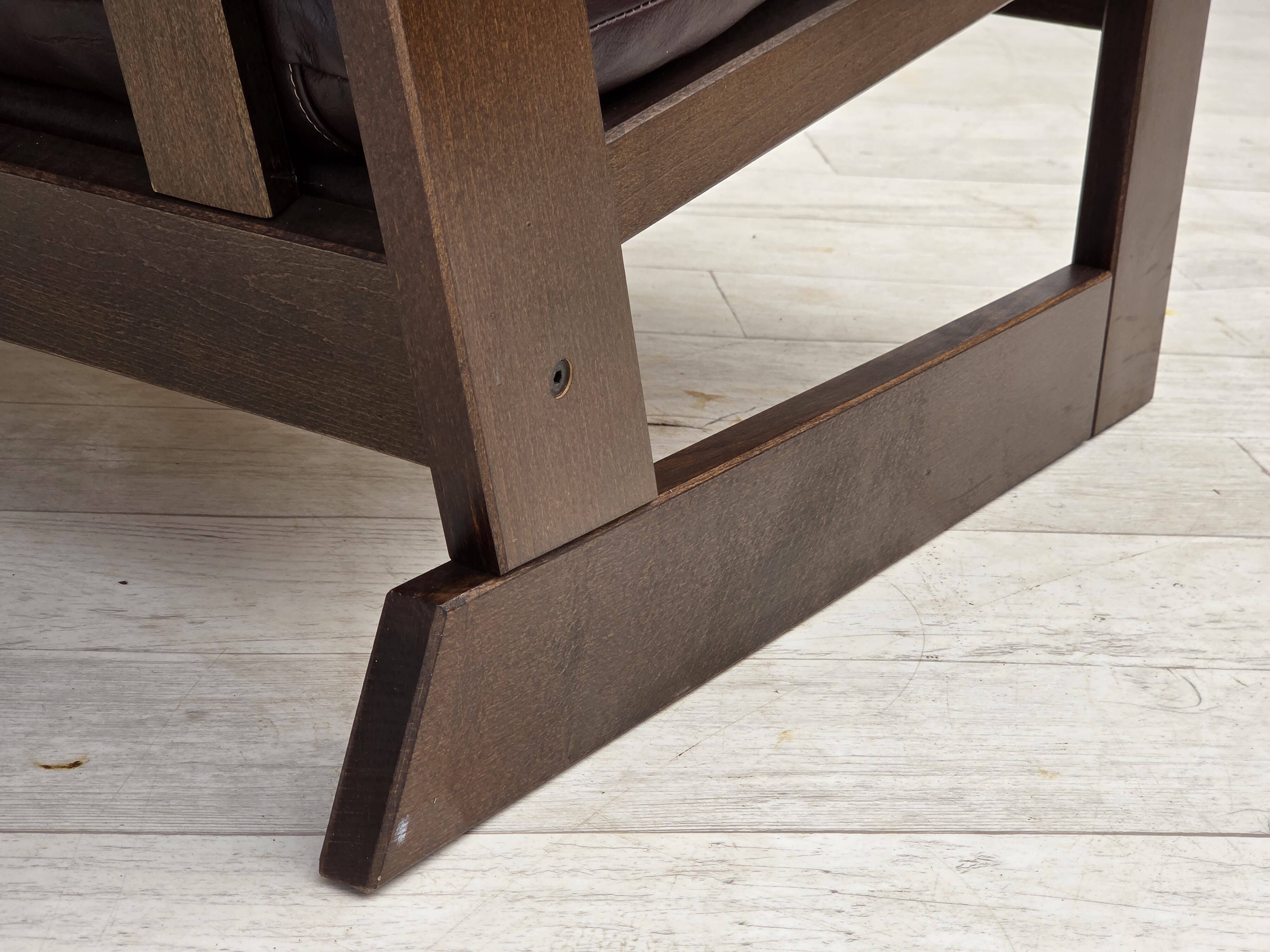 1970s, Scandinavian highback armchair, brown furniture leather, dark beech.