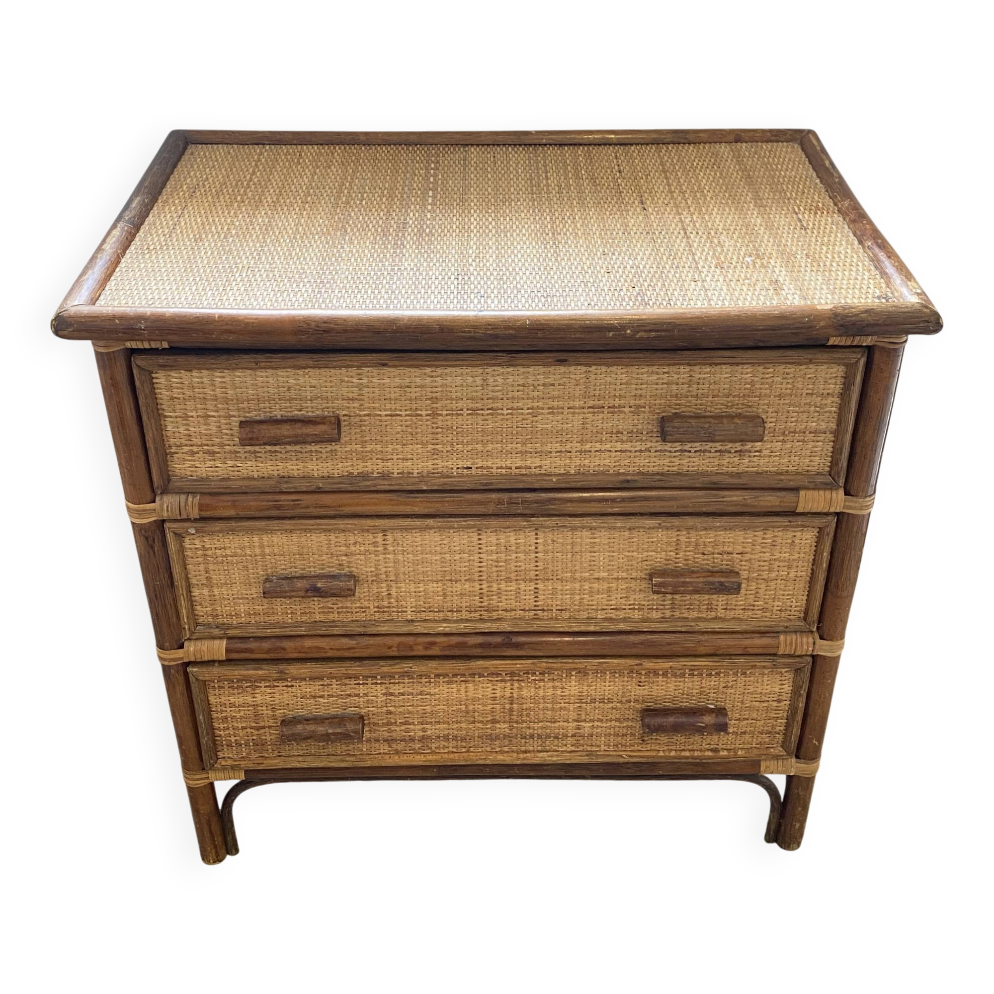 Vintage 1970s bamboo rattan 3-drawer chest of drawers.
