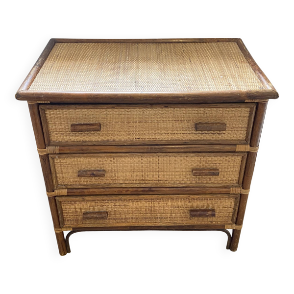 Commode 3 tiroirs en rotin bambou cannage vintage années 70