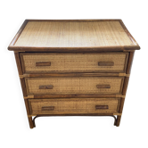 Commode 3 tiroirs en rotin bambou cannage vintage années 70