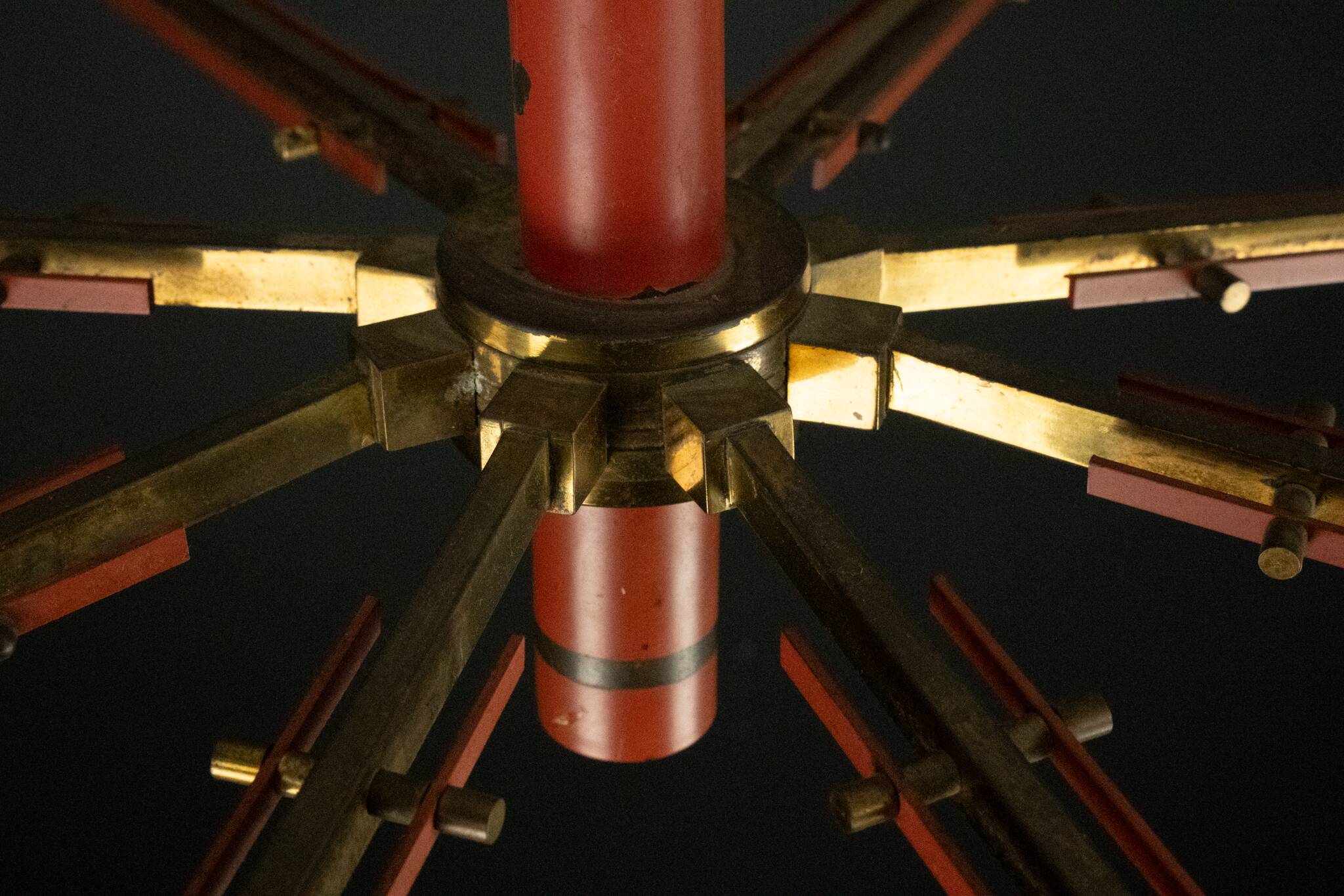 Mid-Century 8 arms Stilnovo chandelier in opaline, brass and red lacquer.