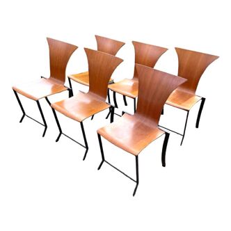 Karl Friedrich Forster pour KKF, série de 6 chaises en bois & métal de style Memphis, ca 1980