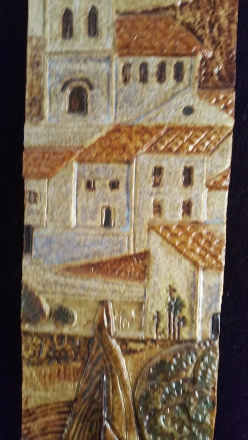 Old terracotta plate painted enamelled Signed relief decoration Provence 58x12cm