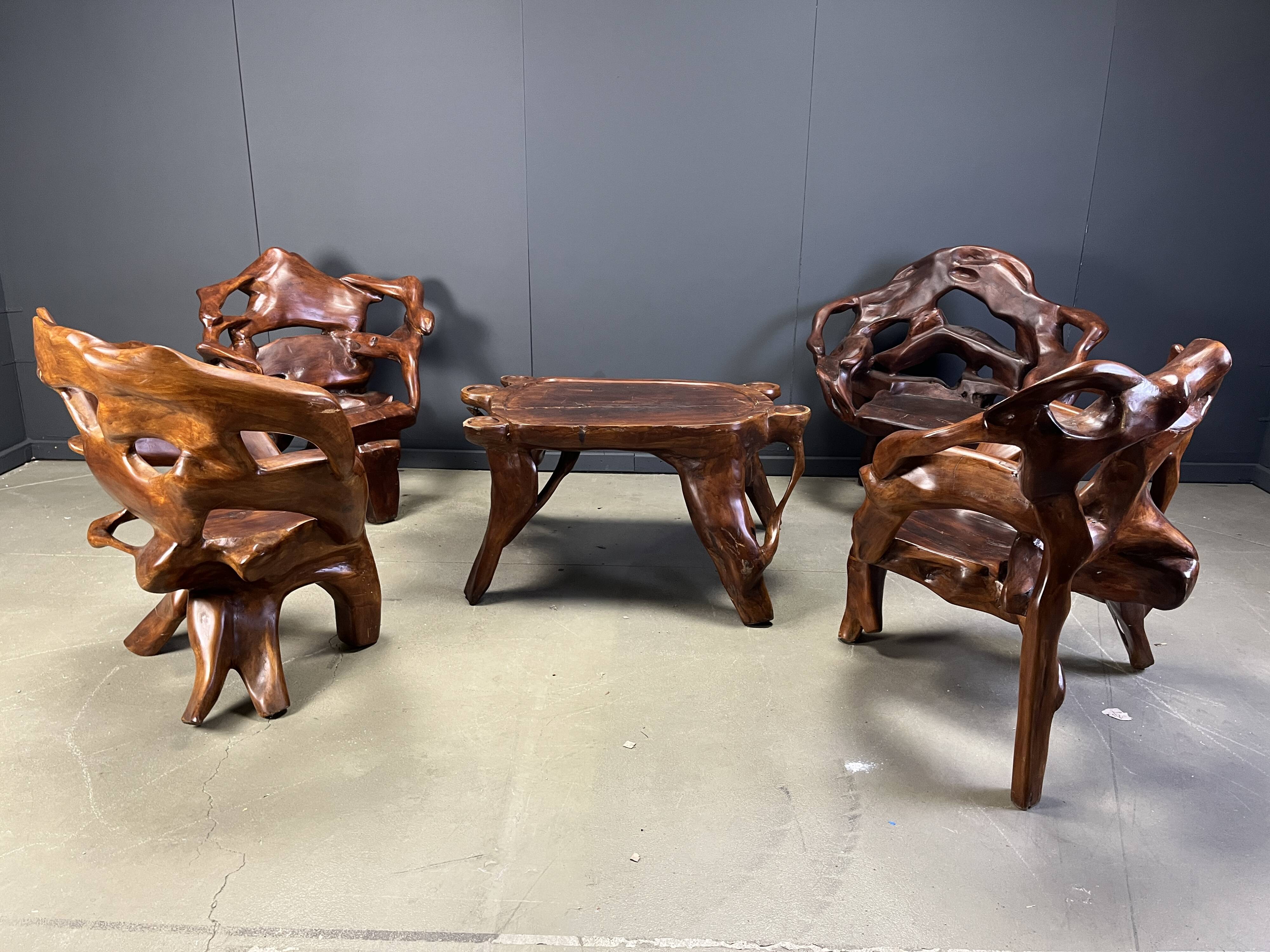Large olive tree root chair set, 1960s