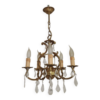Vintage French Bronze 5 Light 3 Sided Cage Chandelier Adorned With Crystals 4810