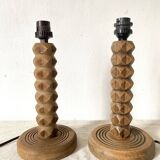Pair of carved wood and macramé bedside lamps