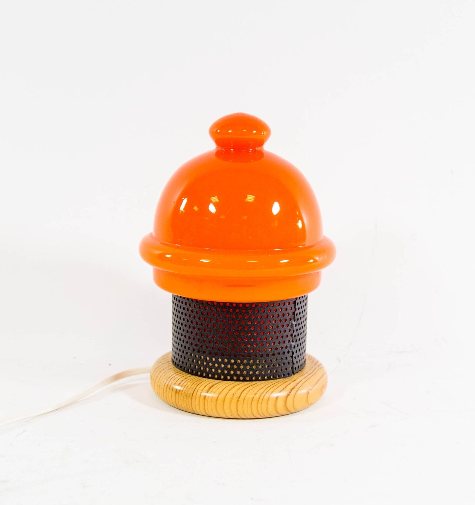 Vintage table lamp in orange glass and black perforated metal 70s