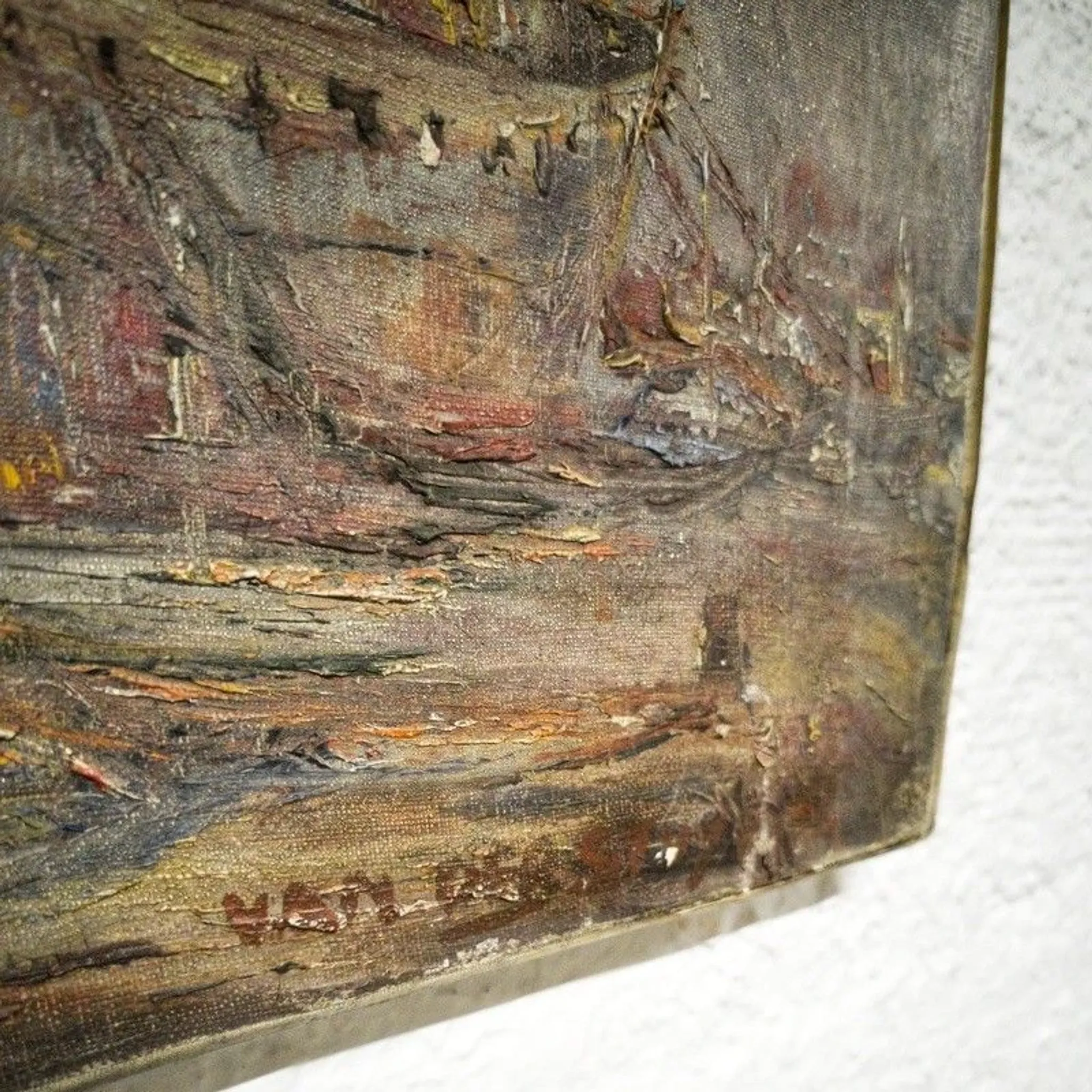 Vintage oil painting of marine cargo at the quay.