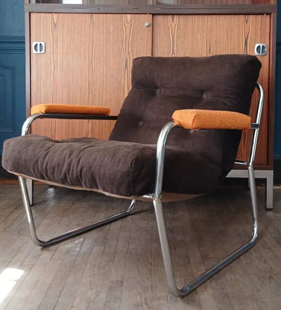 Fauteuil lounge style G.Lundgren pour Ikea, velours & tubes chromés 1970