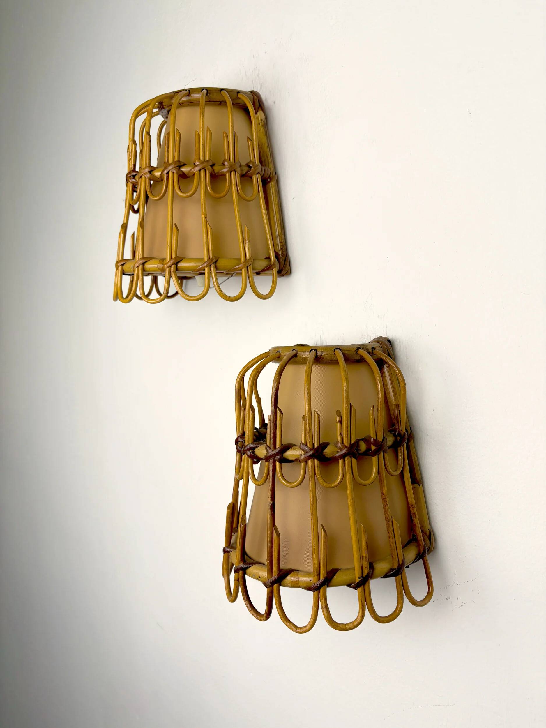 Pair of mid-century rattan wall sconces, Italy, circa 1960s