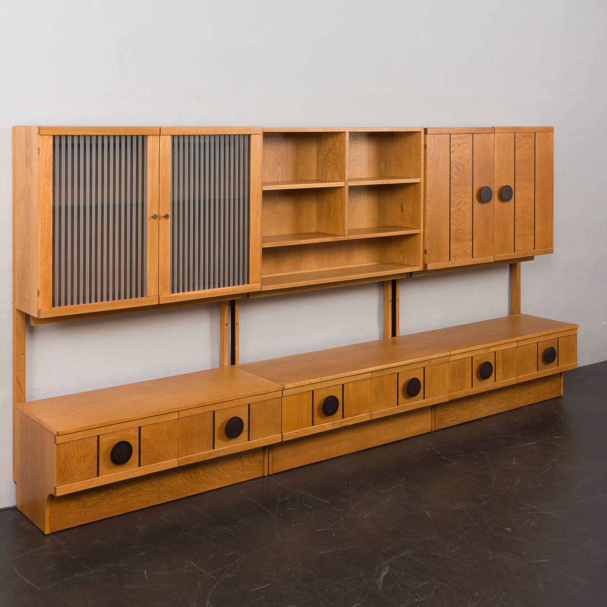 Scandinavian mid century oak wall unit with backlit, Denmark 1970s