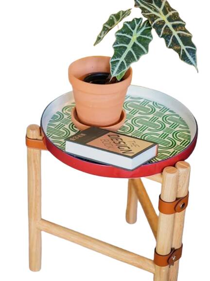 Vintage Coffee Table with Removable Medieval-Style Painted Blue Porcelain Tray, Solid Wood Base
