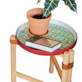 Vintage Coffee Table with Removable Medieval-Style Painted Blue Porcelain Tray, Solid Wood Base