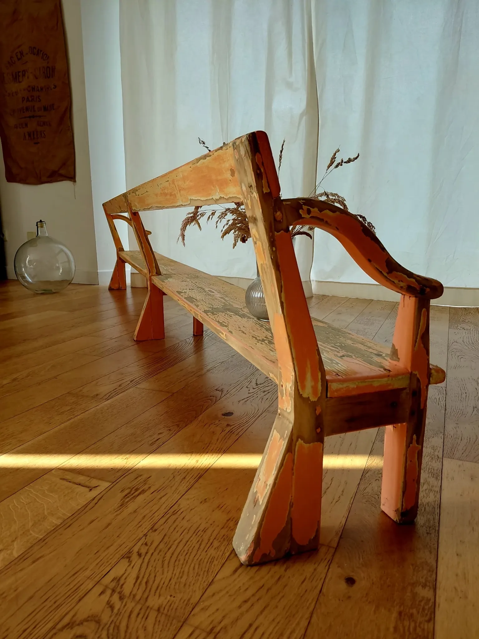 Large antique church bench 268 cm - Unique piece with flaking patina