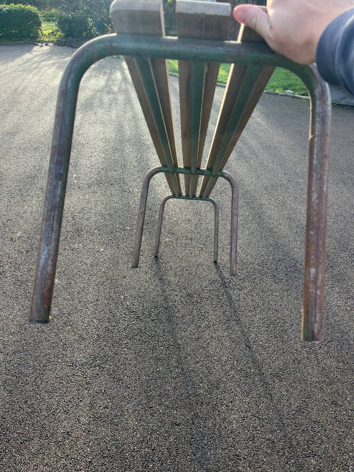 Large vintage school bench from the 1950s, made of wood and metal