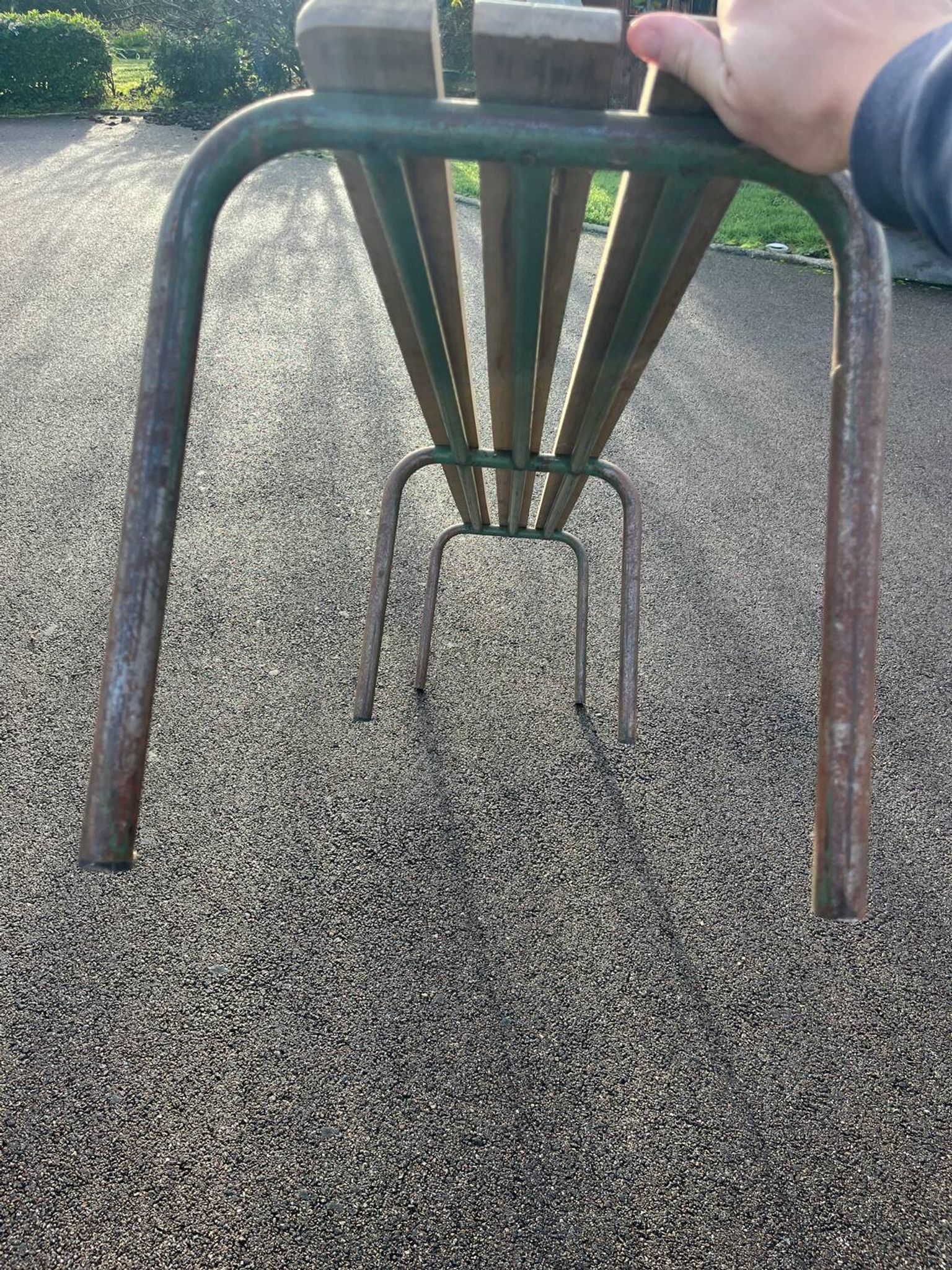 Large vintage school bench from the 1950s, made of wood and metal