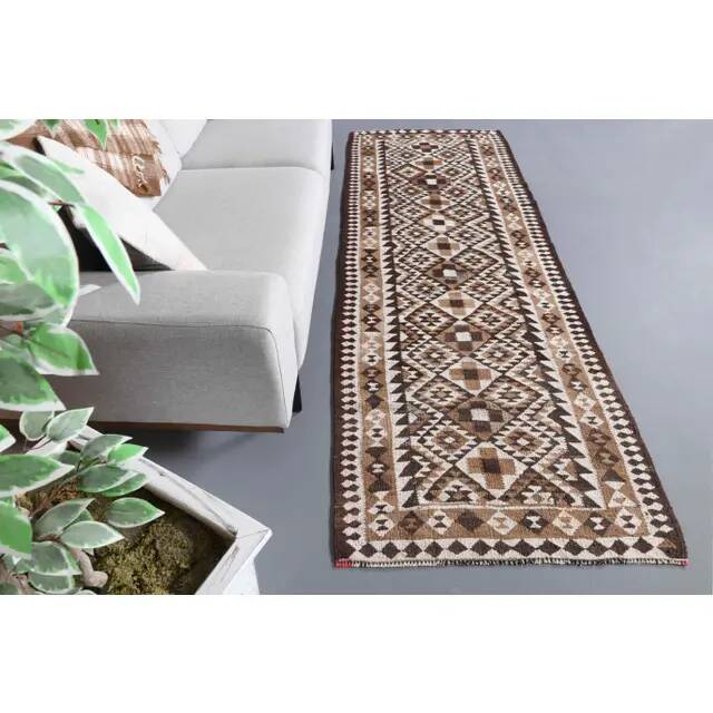 1970s Vintage Turkish Hand-Knotted Wool Cotton White Runner Rug 98x284