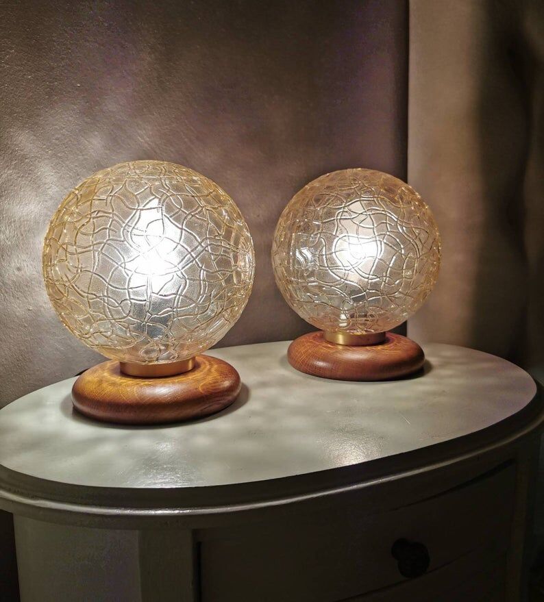Wooden table lights with 70s gold glass hood