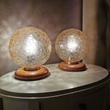 Lumières de table bois avec capot en verre doré années 70