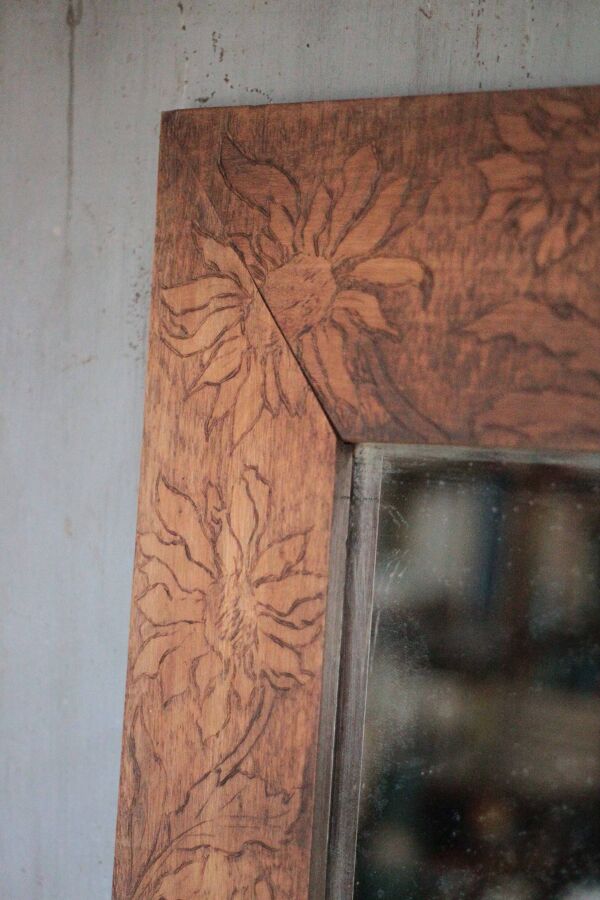 Grand miroir bois motif floral, miroir mural, glace murale