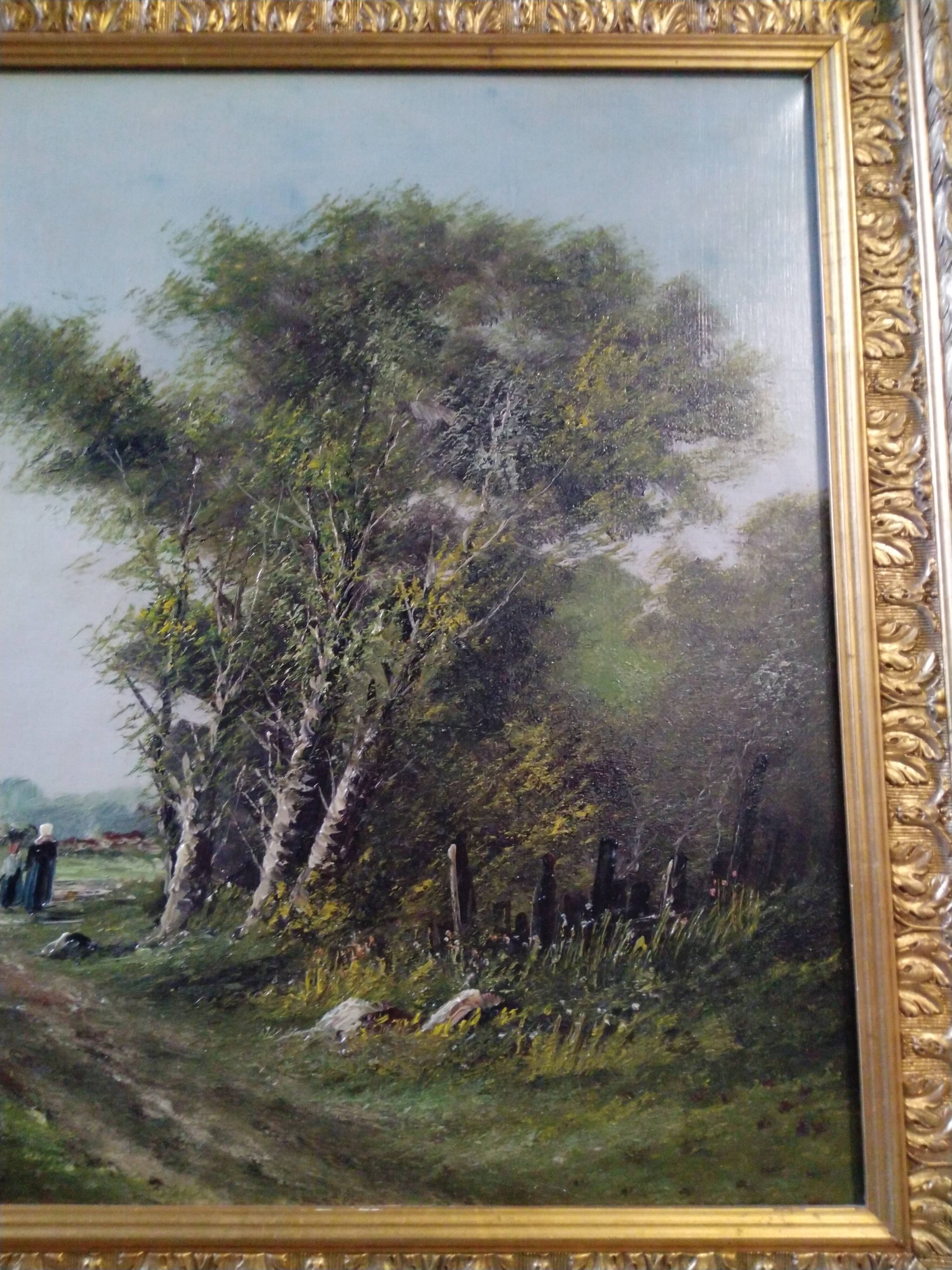 Oil on canvas painting characters on a country road