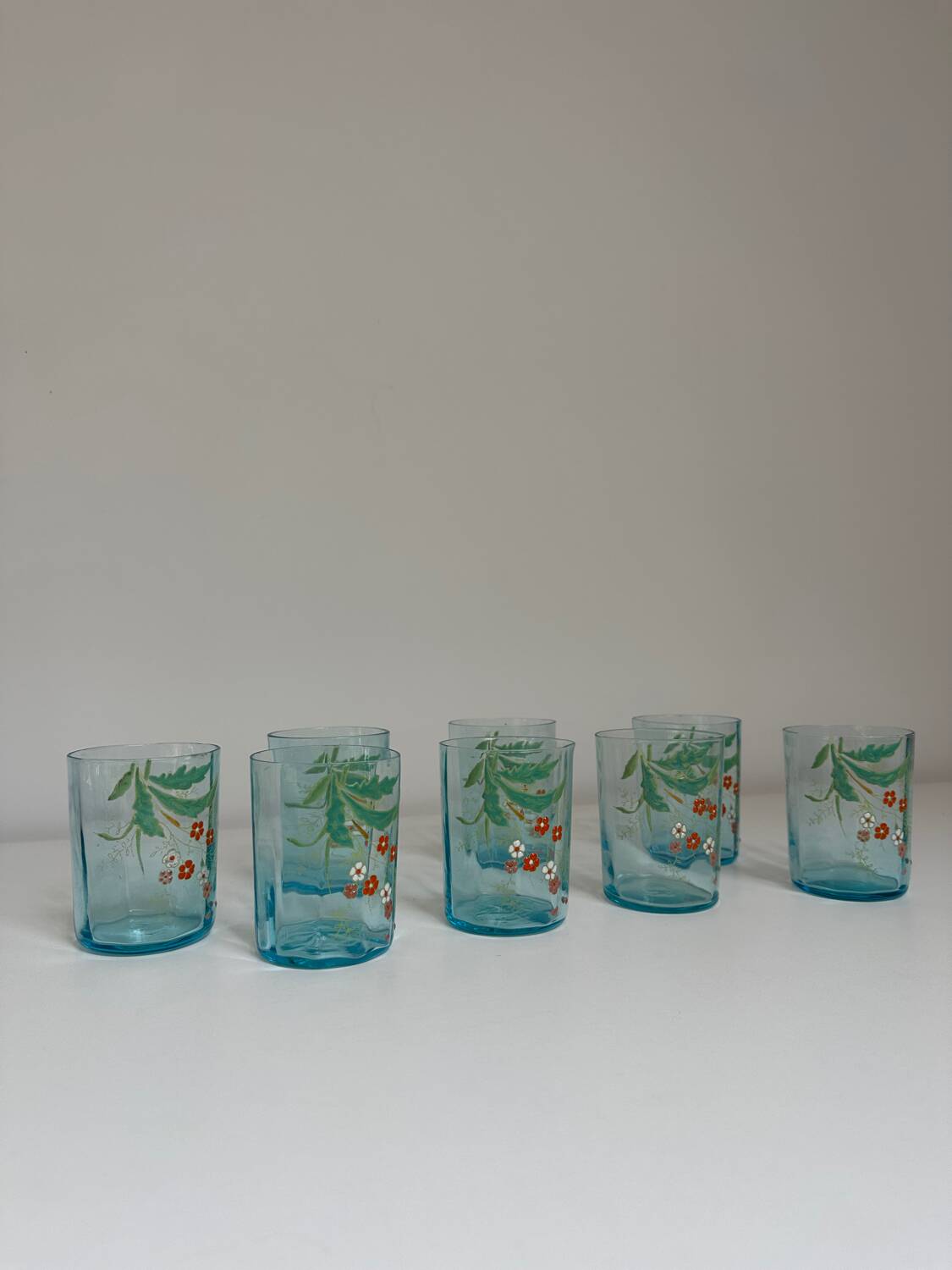 8 verres à eau bleu émaillé, Legras 1920