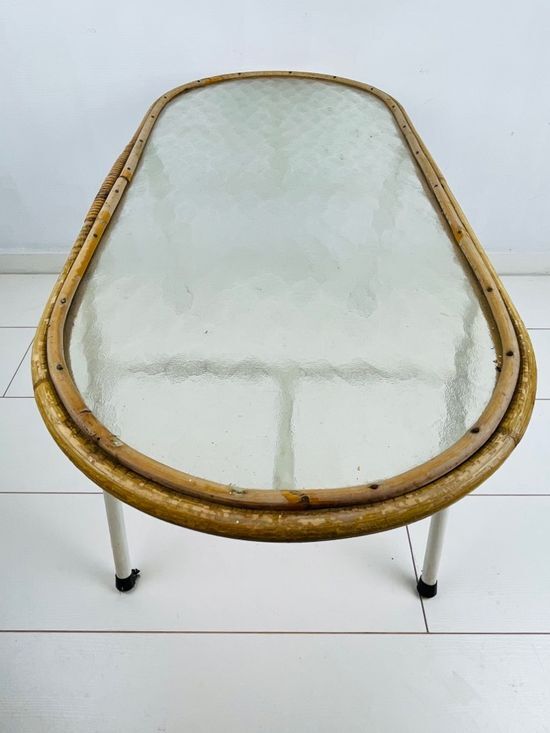 Vintage rattan and glass table with 70s steel frame