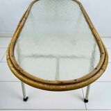 Vintage rattan and glass table with 70s steel frame