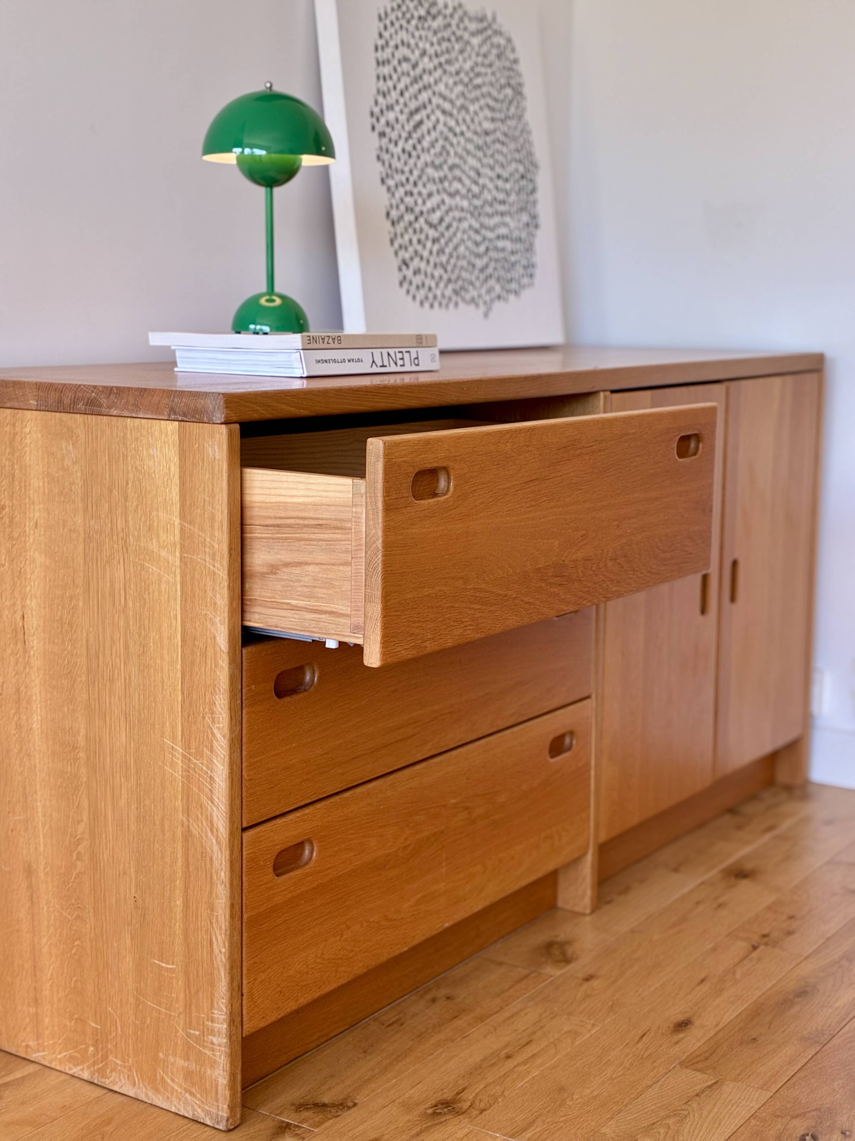 Large oak sideboard, Scandinavian design - 3 drawers and 2 doors.