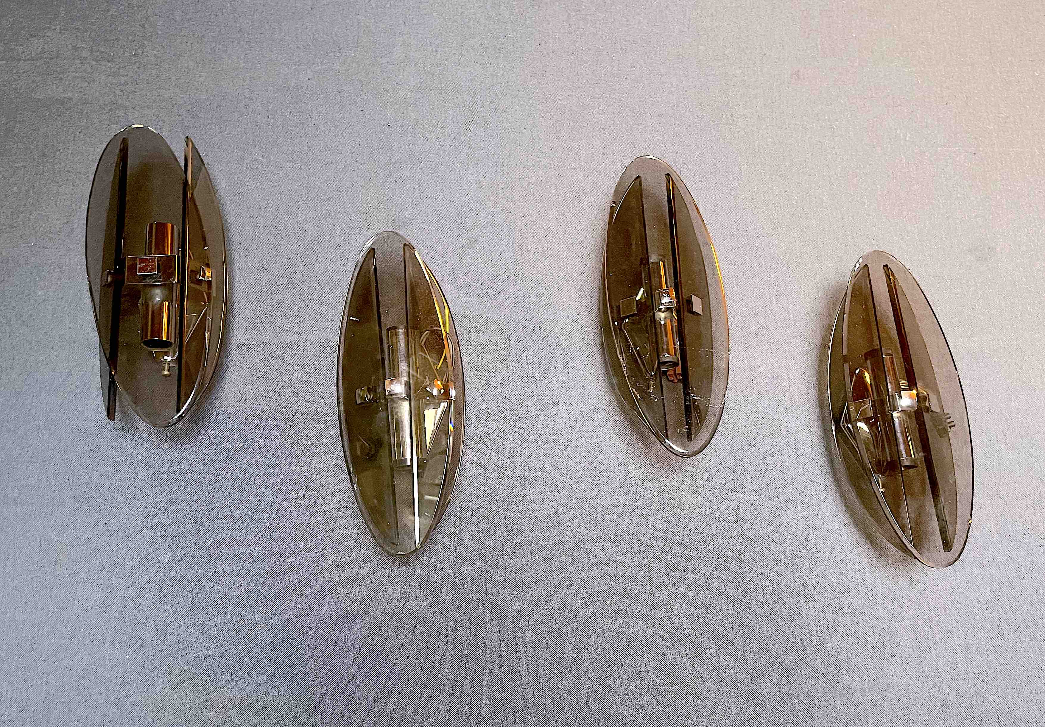 Four Veca wall lights, smoked glass, double light, Italy 1970's