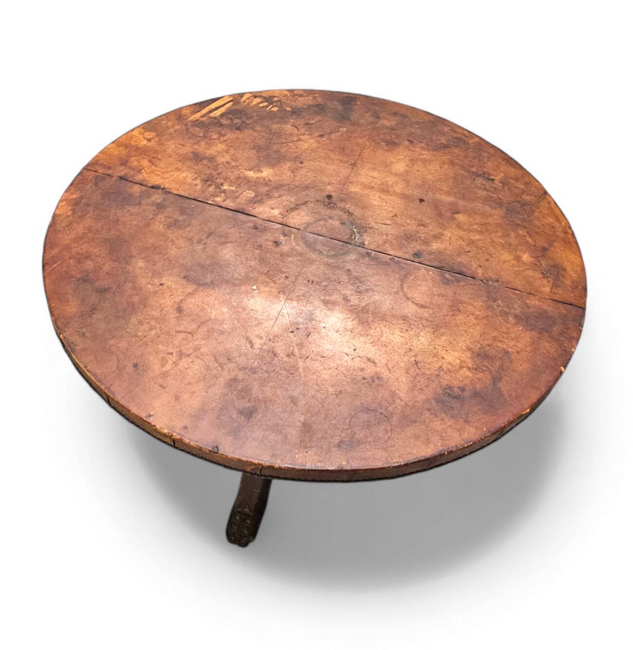 Mid-Century Coffee Table in Solid Wood and Patinated Cognac Leather