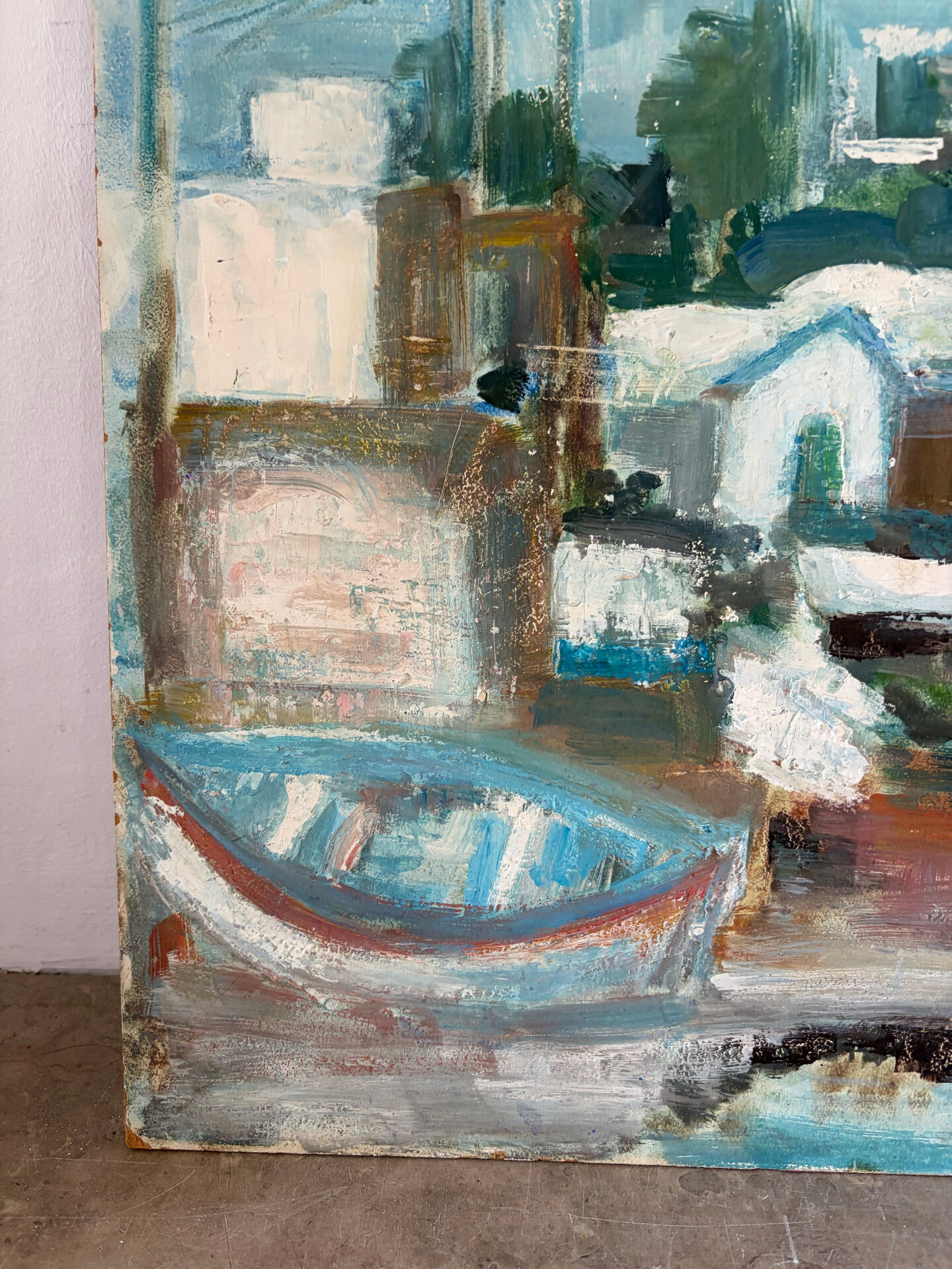 Village by the water, oil on panel signed Morabia.