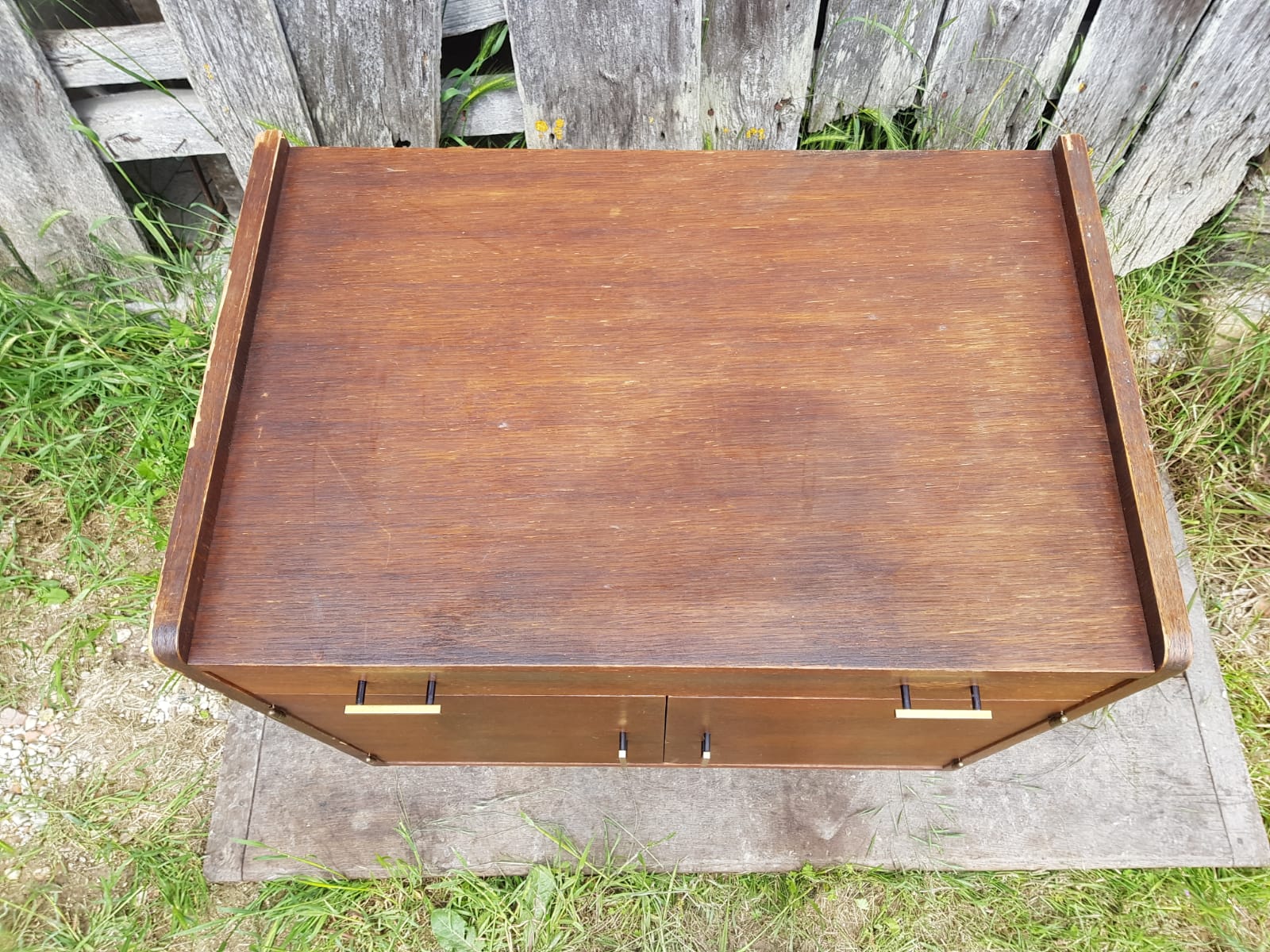 Old Chest of Drawers Drawer + Doors Wood Feet Compass 70s Vintage