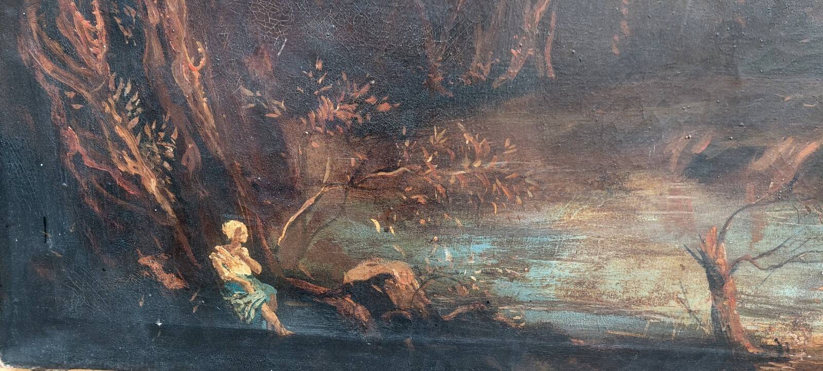 Old oil painting on canvas landscape with ruins and figures 121x98 cm