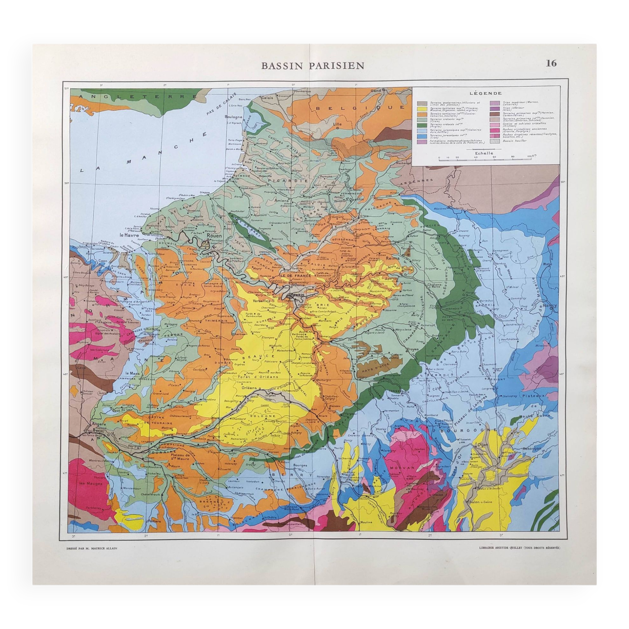 Old map of France Paris basin 43x43cm from 1950