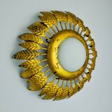 Sun wall lamp by ferro arte, metal and gold leaf and opaline glass, Spain, 1960