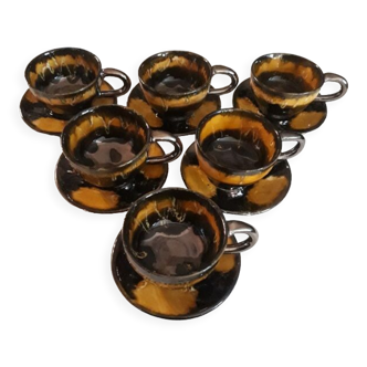 Ensemble de tasses et soucoupes, glaçure céramique, années 80