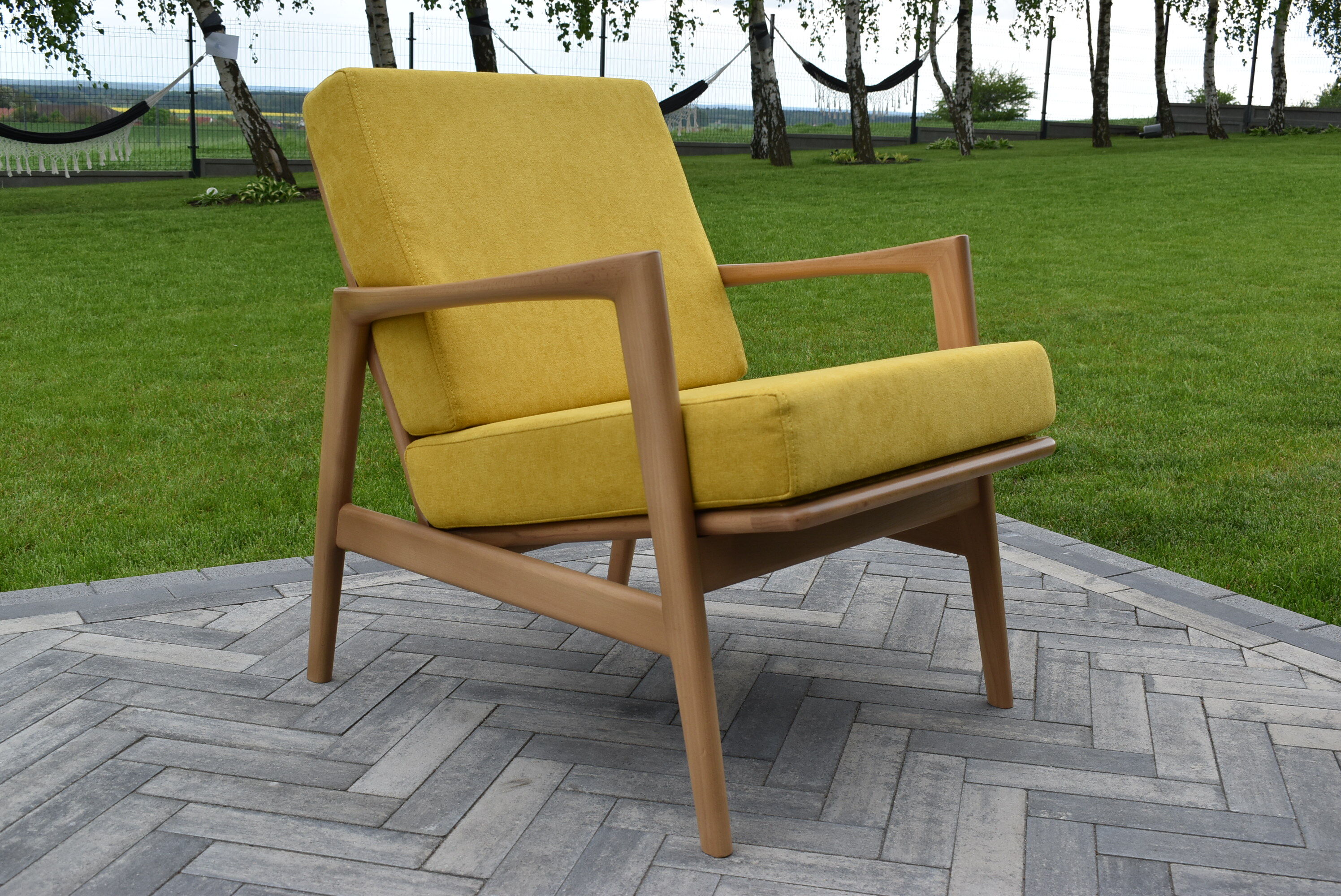 Scandinavian armchair, yellow fabric, natural wood