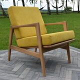 Scandinavian armchair, yellow fabric, natural wood