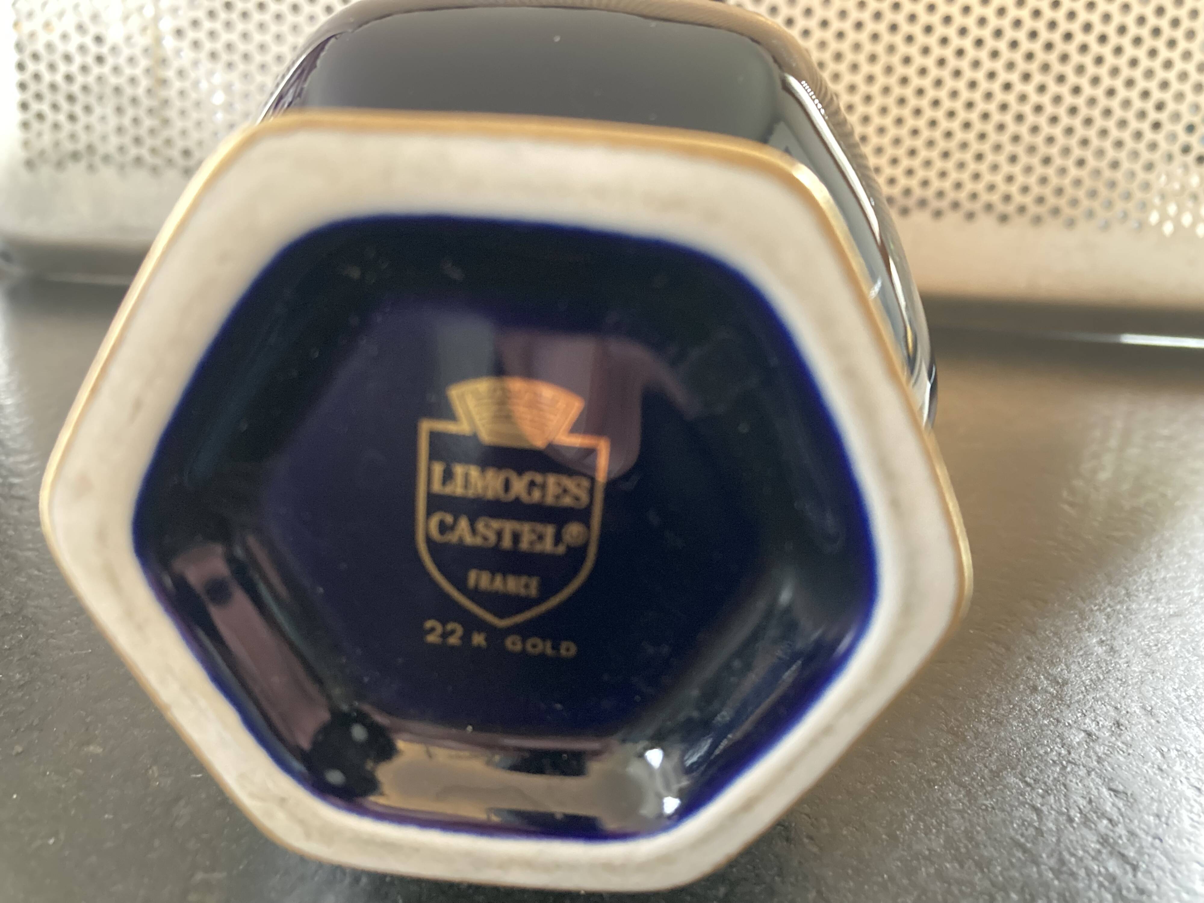 Limoges Castel France cobalt blue hexagonal porcelain vase with 22K GOLD courtesy scene